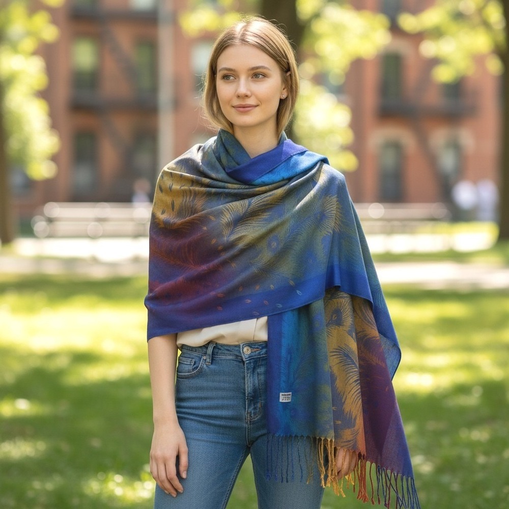 Pashmina Cashmere Bohemian Luxe Peacock Feather Print Fringe Wrap Scarf 27x72